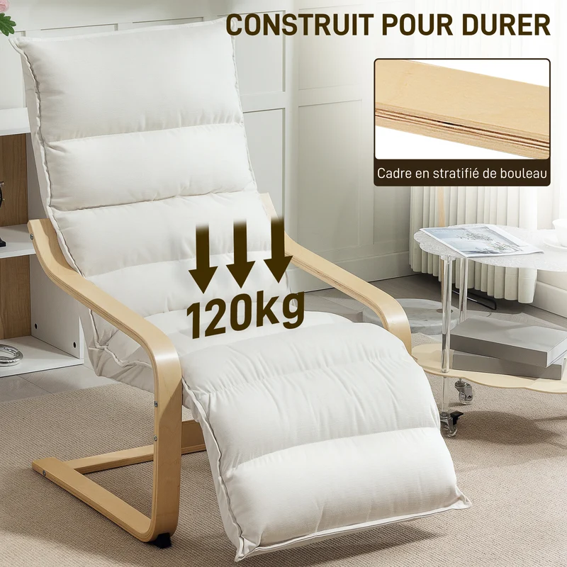 Fauteuil de salon détente lecture 67 x 93 x 105 cm dossier haut repose-pieds réglable contemporain cosy en velours crème 21_0003480
