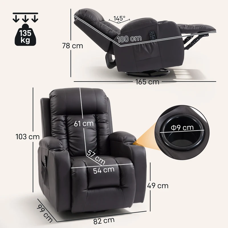 Fauteuil de relaxation inclinable 82 x 99 x 103 cm massage 8 points chaleur lombaire contemporain cosy en PU marron 21_0000809