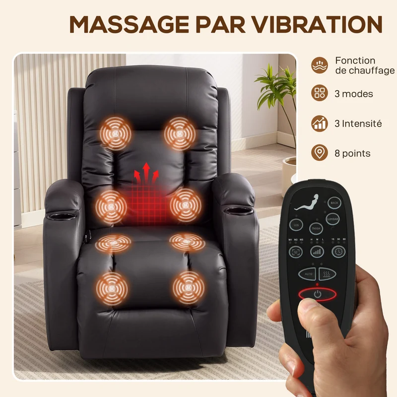 Fauteuil de relaxation inclinable 82 x 99 x 103 cm massage 8 points chaleur lombaire contemporain cosy en PU marron 21_0000809