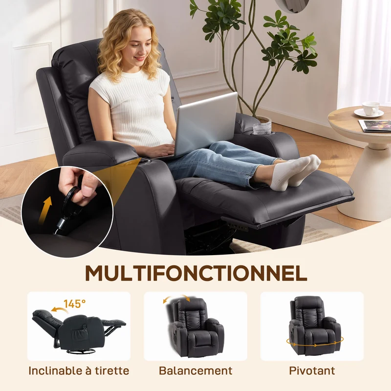 Fauteuil de relaxation inclinable 82 x 99 x 103 cm massage 8 points chaleur lombaire contemporain cosy en PU marron 21_0000809
