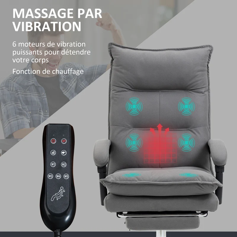 Fauteuil de bureau massant 66 x 74 x 121 cm repose-pieds chauffant 6 points massage ergonomie moderne en microfibre gris 21_0006244