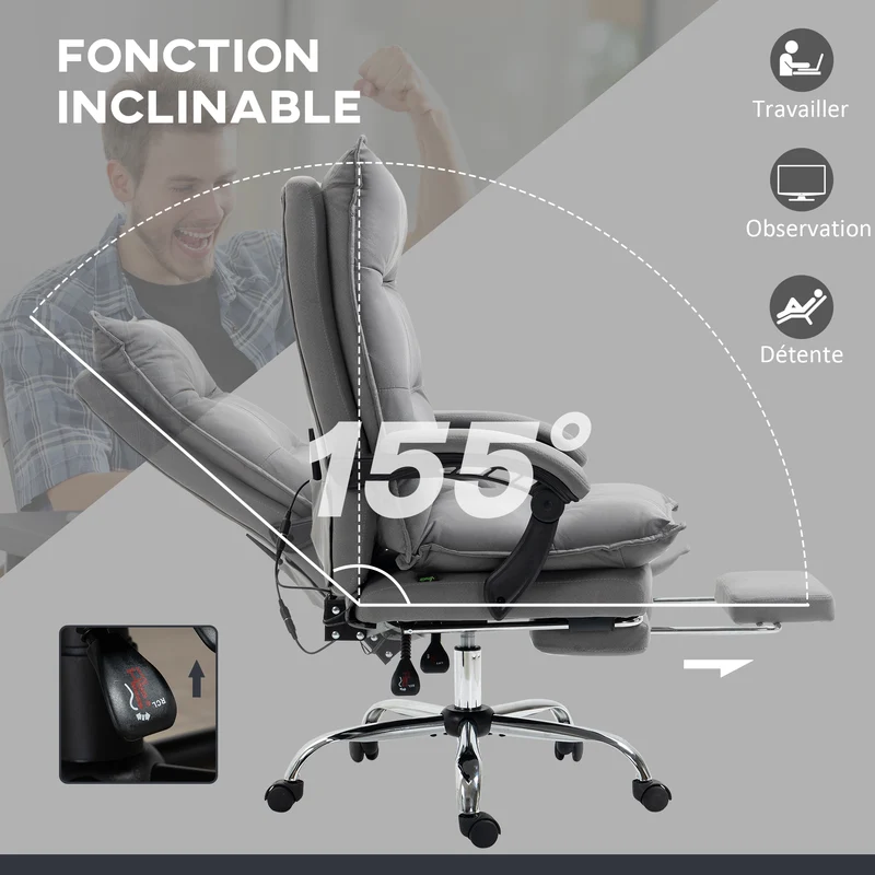 Fauteuil de bureau massant 66 x 74 x 121 cm repose-pieds chauffant 6 points massage ergonomie moderne en microfibre gris 21_0006244