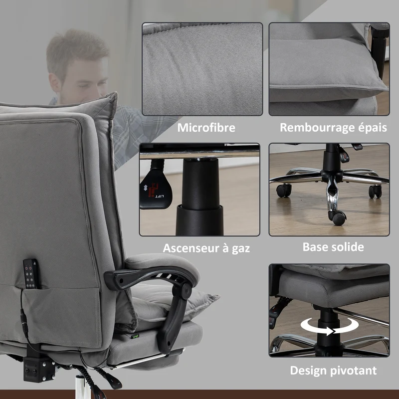 Fauteuil de bureau massant 66 x 74 x 121 cm repose-pieds chauffant 6 points massage ergonomie moderne en microfibre gris 21_0006244