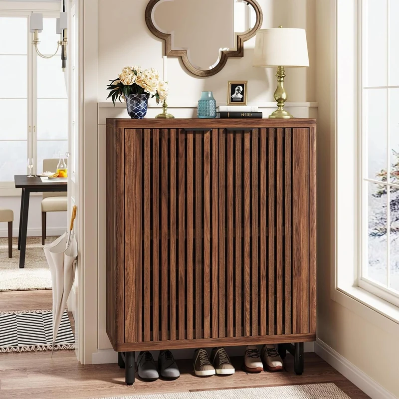 Tribesigns Armoire à Chaussures à 6 Niveaux avec Portes à persiennes, Grande Armoire de Rangement à Chaussures en Bois avec étagères réglables