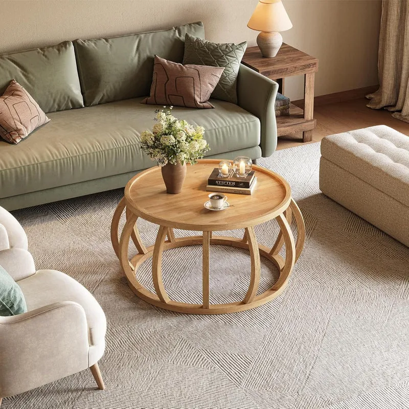 TribeWood Table Basse Ronde, Table Basse Bois Massif 80 cmTable Centrale avec Base Incurvée pour Salon