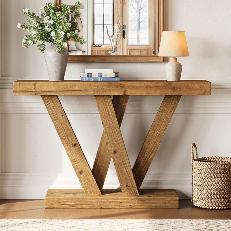 Tribesigns Table console en bois massif 120 cm avec double base en forme de V pour salon
