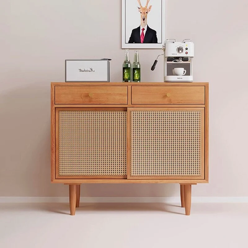 Contemporary Scandinavian Solid Wood Rattan Weaving Rectangular Storage Cabinet 2/3 Drawers & Sliding Doors For Living Room