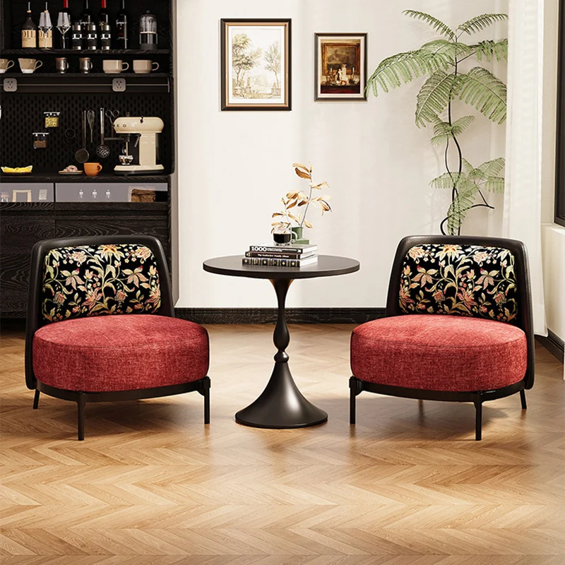 Contemporary Retro Carbon Steel Faux Leather & Linen Rounded Accent Chair With Backrest For Living Room