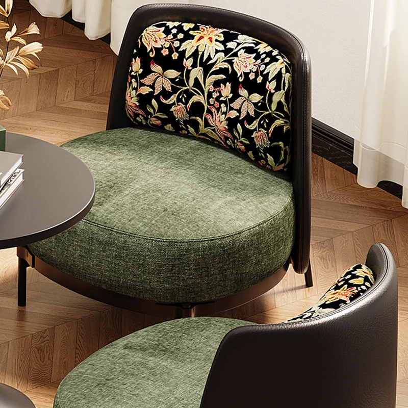 Contemporary Retro Carbon Steel Faux Leather & Linen Rounded Accent Chair With Backrest For Living Room