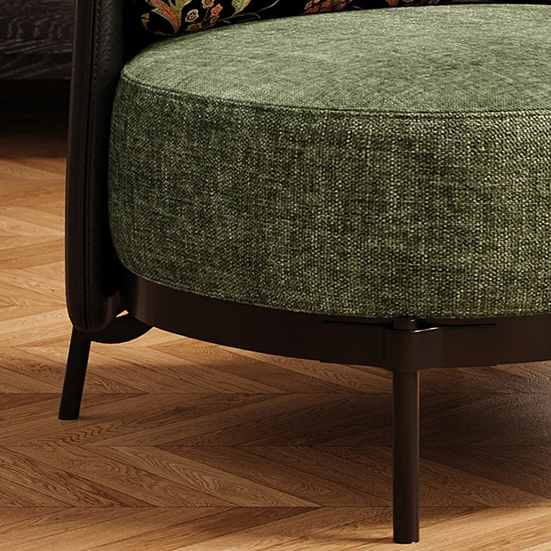 Contemporary Retro Carbon Steel Faux Leather & Linen Rounded Accent Chair With Backrest For Living Room