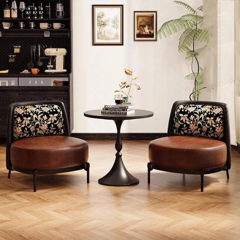 Contemporary Retro Carbon Steel Faux Leather & Linen Rounded Accent Chair With Backrest For Living Room