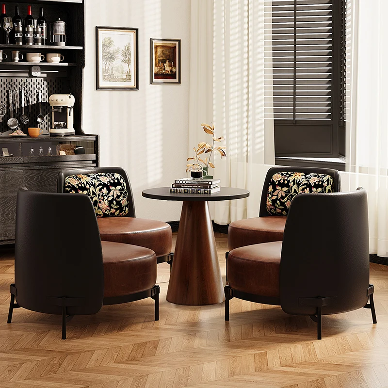Contemporary Retro Carbon Steel Faux Leather & Linen Rounded Accent Chair With Backrest For Living Room