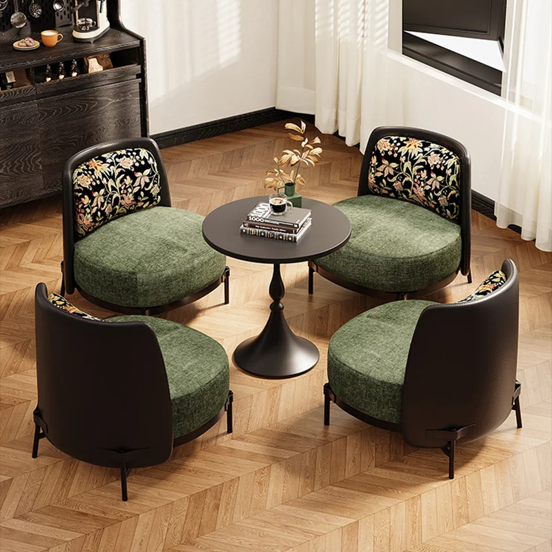 Contemporary Retro Carbon Steel Faux Leather & Linen Rounded Accent Chair With Backrest For Living Room