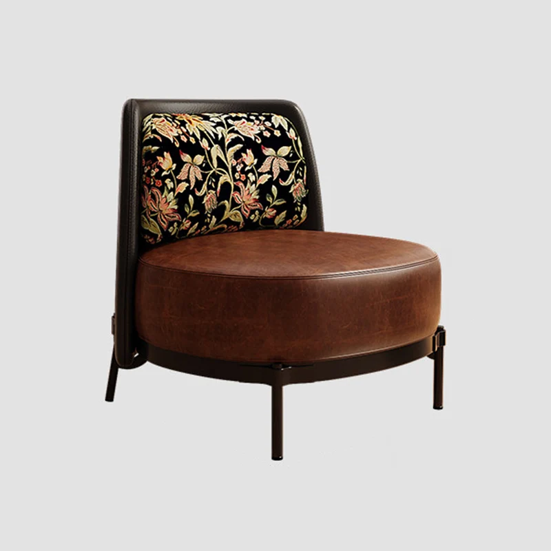 Contemporary Retro Carbon Steel Faux Leather & Linen Rounded Accent Chair With Backrest For Living Room