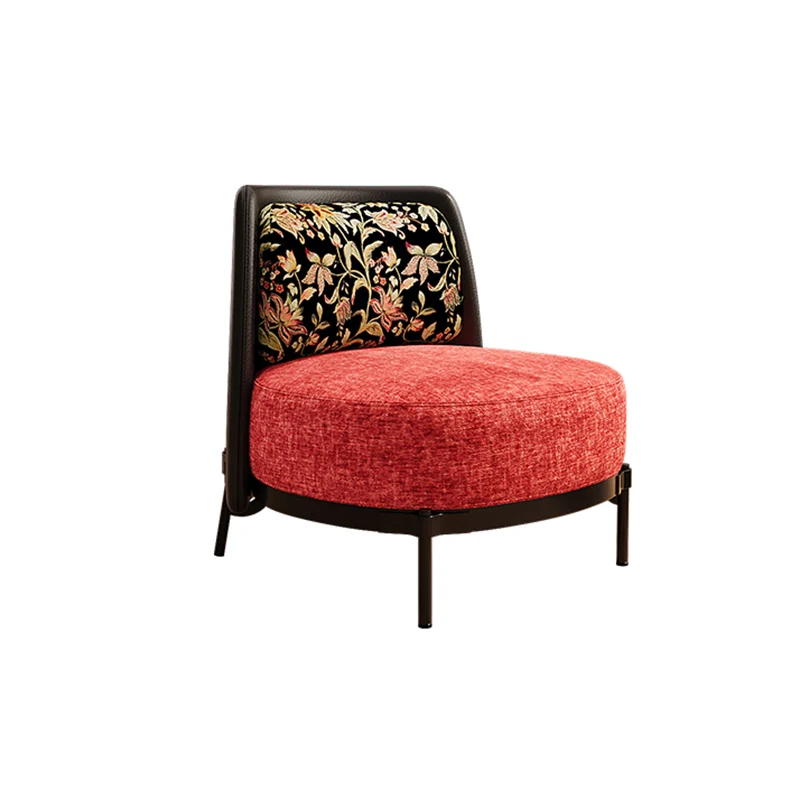Contemporary Retro Carbon Steel Faux Leather & Linen Rounded Accent Chair With Backrest For Living Room
