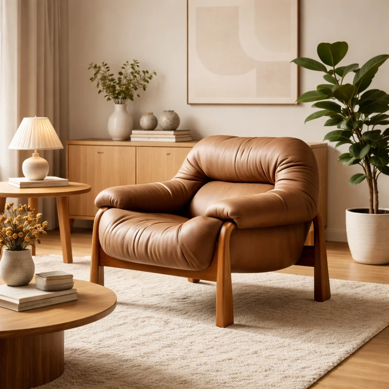 Contemporary Nordic Velvet & Faux Leather Soft Upholstered Accent Chair With Arms And Backrest For Living Room