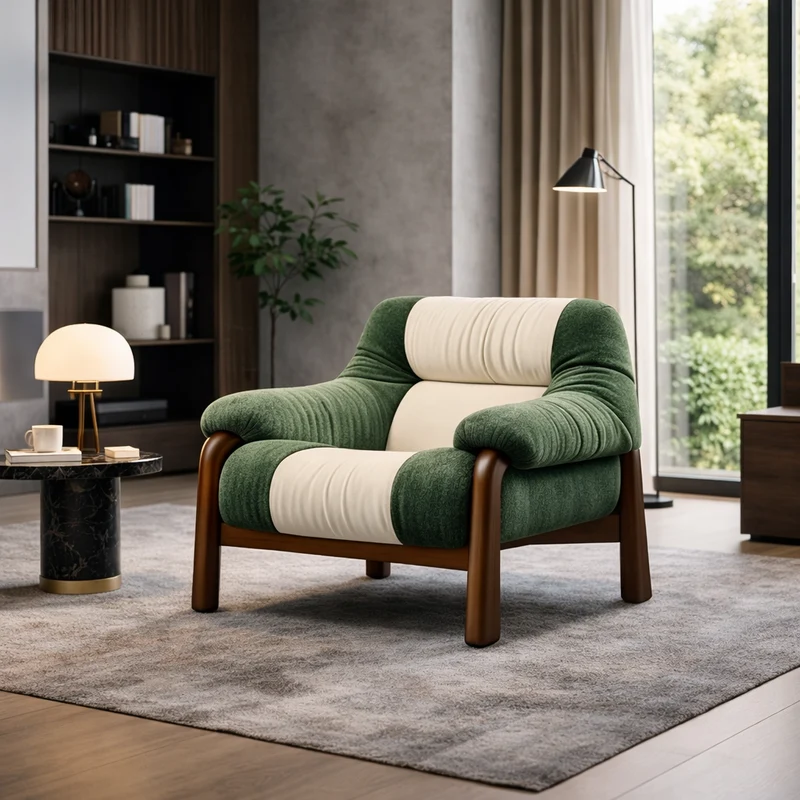 Contemporary Nordic Velvet & Faux Leather Soft Upholstered Accent Chair With Arms And Backrest For Living Room