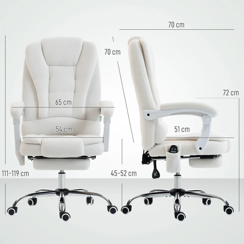 Fauteuil de bureau ergonomique massant chauffant 65 x 70 x 111-119 cm inclinable contemporain en polaire teddy blanc 21_0006204
