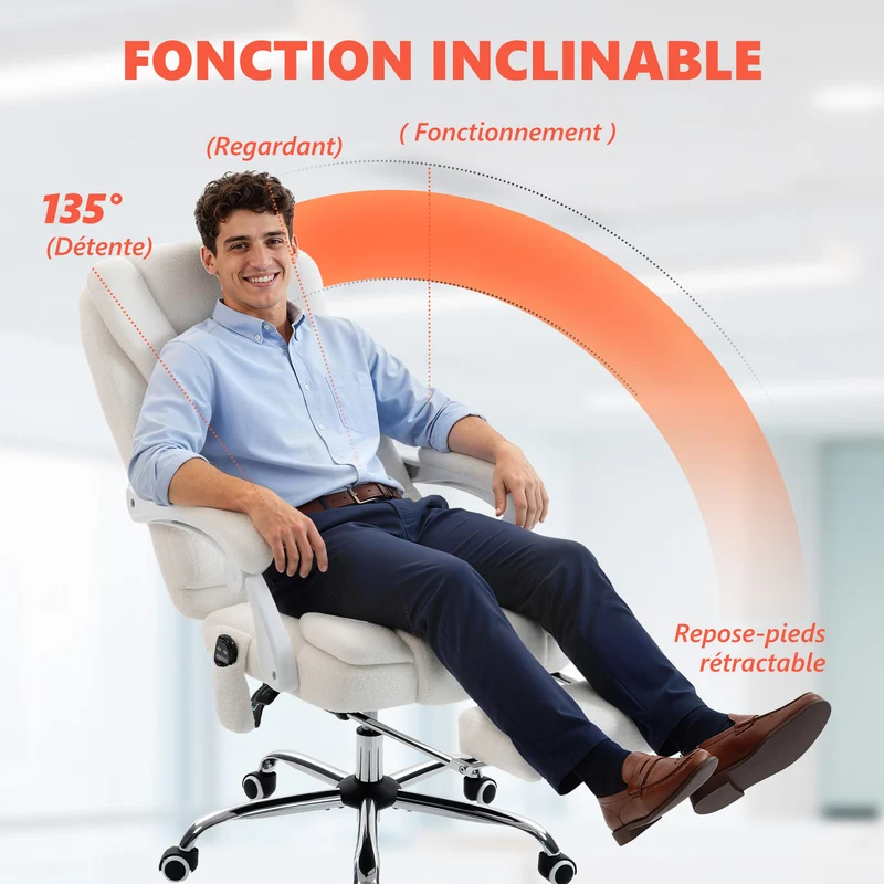 Fauteuil de bureau ergonomique massant chauffant 65 x 70 x 111-119 cm inclinable contemporain en polaire teddy blanc 21_0006204