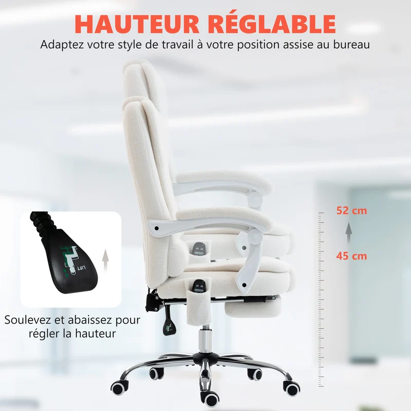 Fauteuil de bureau ergonomique massant chauffant 65 x 70 x 111-119 cm inclinable contemporain en polaire teddy blanc 21_0006204