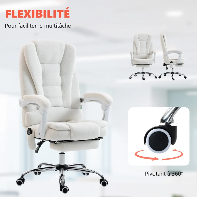 Fauteuil de bureau ergonomique massant chauffant 65 x 70 x 111-119 cm inclinable contemporain en polaire teddy blanc 21_0006204