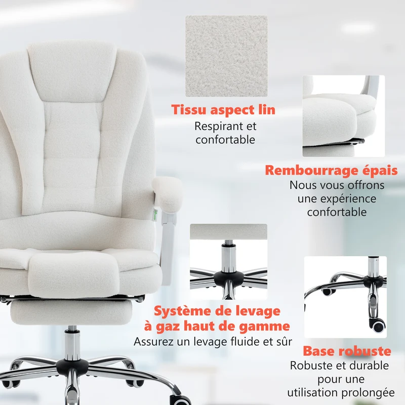 Fauteuil de bureau ergonomique massant chauffant 65 x 70 x 111-119 cm inclinable contemporain en polaire teddy blanc 21_0006204