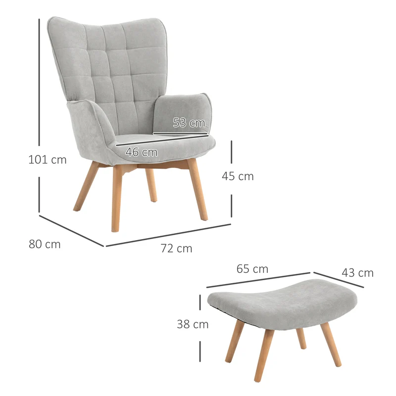 Fauteuil avec repose-pied salon 72 x 80 x 101 cm assise rembourrée ergonomique dossier haut scandinave en polyester gris 21_0003083