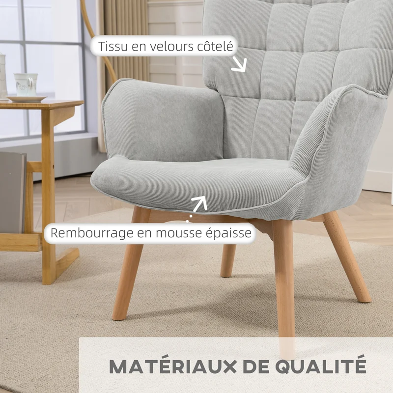 Fauteuil avec repose-pied salon 72 x 80 x 101 cm assise rembourrée ergonomique dossier haut scandinave en polyester gris 21_0003083