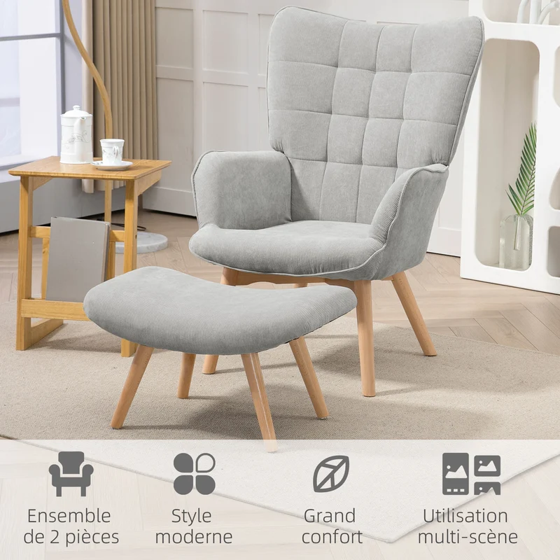 Fauteuil avec repose-pied salon 72 x 80 x 101 cm assise rembourrée ergonomique dossier haut scandinave en polyester gris 21_0003083
