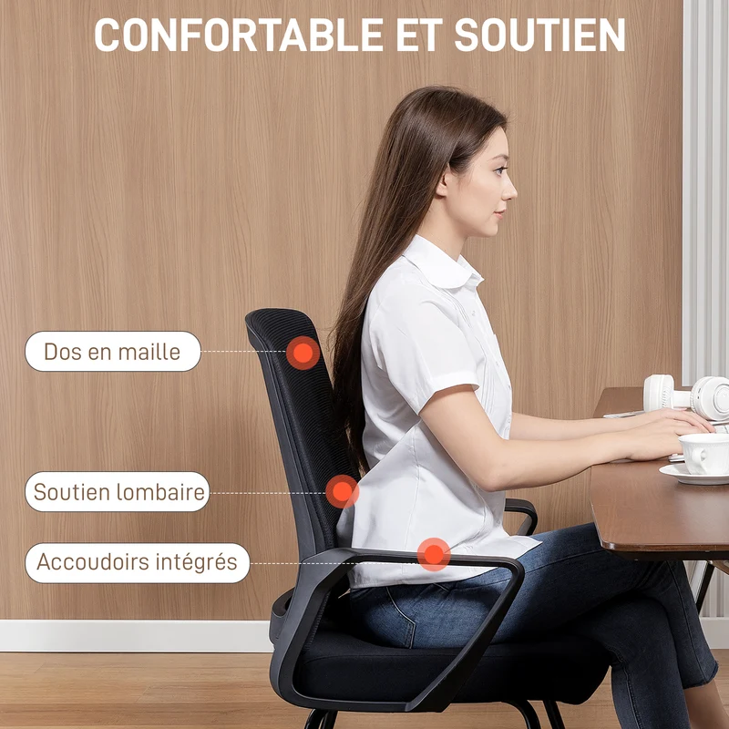 Chaise de conférence ergonomique 57 x 56 x 97 cm maille respirante assise rembourrée moderne design en polyester noir 21_0006322