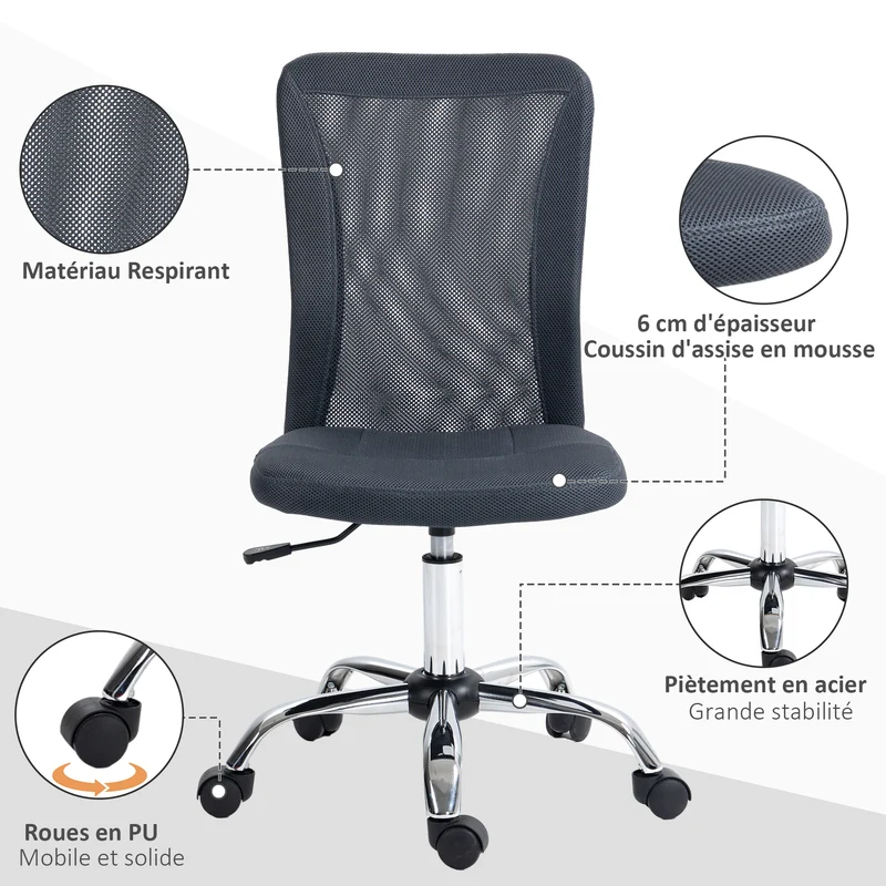 Chaise de bureau ergonomique 43 x 58 x 90-100 cm assise réglable pivotante 360° roulettes moderne en tissu gris foncé 21_0006170