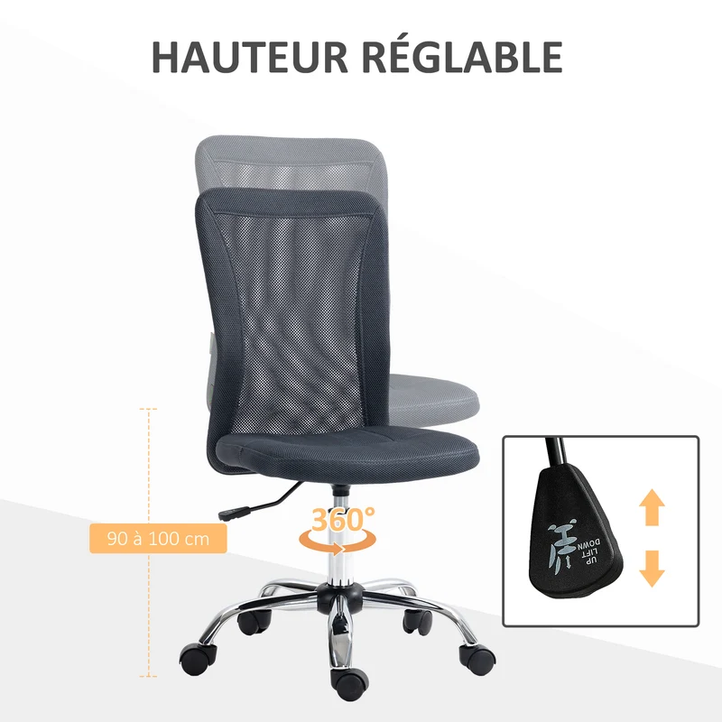 Chaise de bureau ergonomique 43 x 58 x 90-100 cm assise réglable pivotante 360° roulettes moderne en tissu gris foncé 21_0006170
