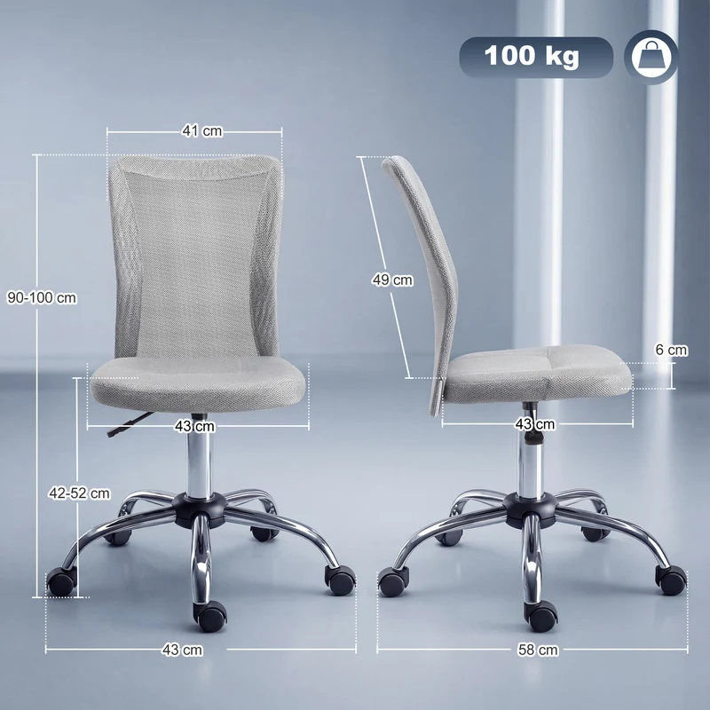 Chaise de bureau ergonomique 43 x 58 x 100 cm réglable 42-52 cm pivotant 360 degrés salon design moderne en tissu gris 21_0006168