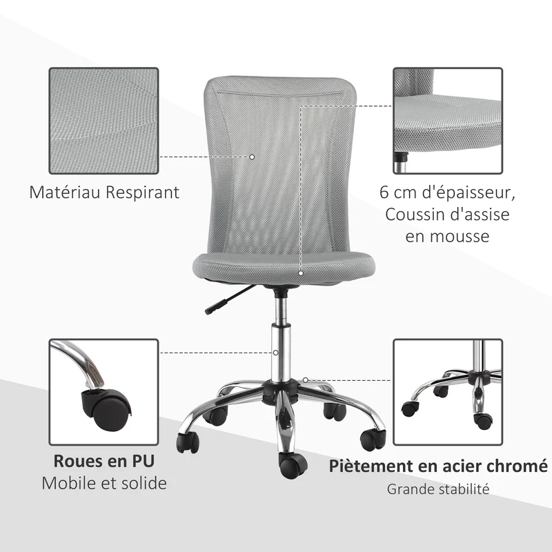 Chaise de bureau ergonomique 43 x 58 x 100 cm réglable 42-52 cm pivotant 360 degrés salon design moderne en tissu gris 21_0006168