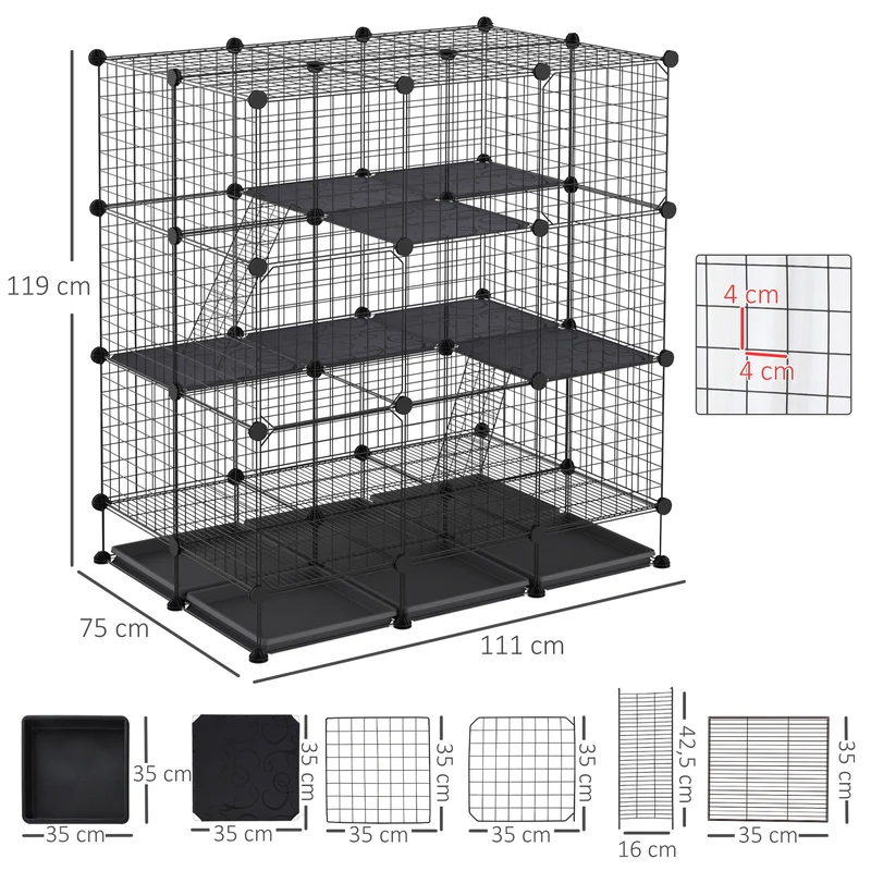 Cage parc enclos pour rongeurs 111 x 75 x 119 cm 3 niveaux accès facile entretien simple contemporain en métal noir 21_0007910