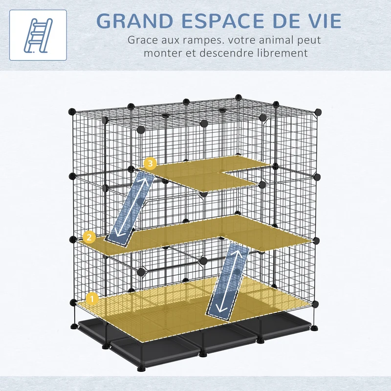 Cage parc enclos pour rongeurs 111 x 75 x 119 cm 3 niveaux accès facile entretien simple contemporain en métal noir 21_0007910