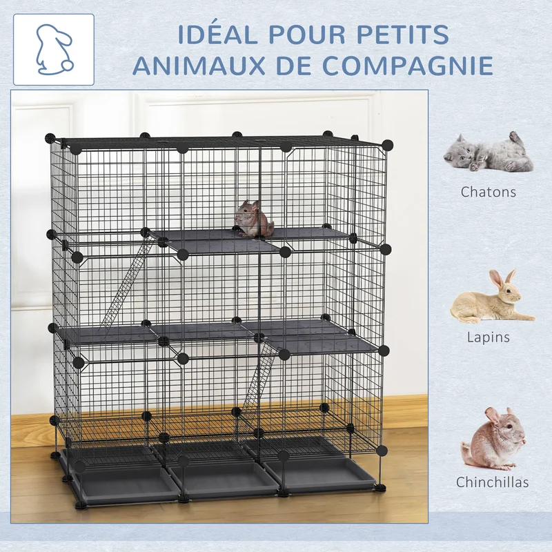 Cage parc enclos pour rongeurs 111 x 75 x 119 cm 3 niveaux accès facile entretien simple contemporain en métal noir 21_0007910