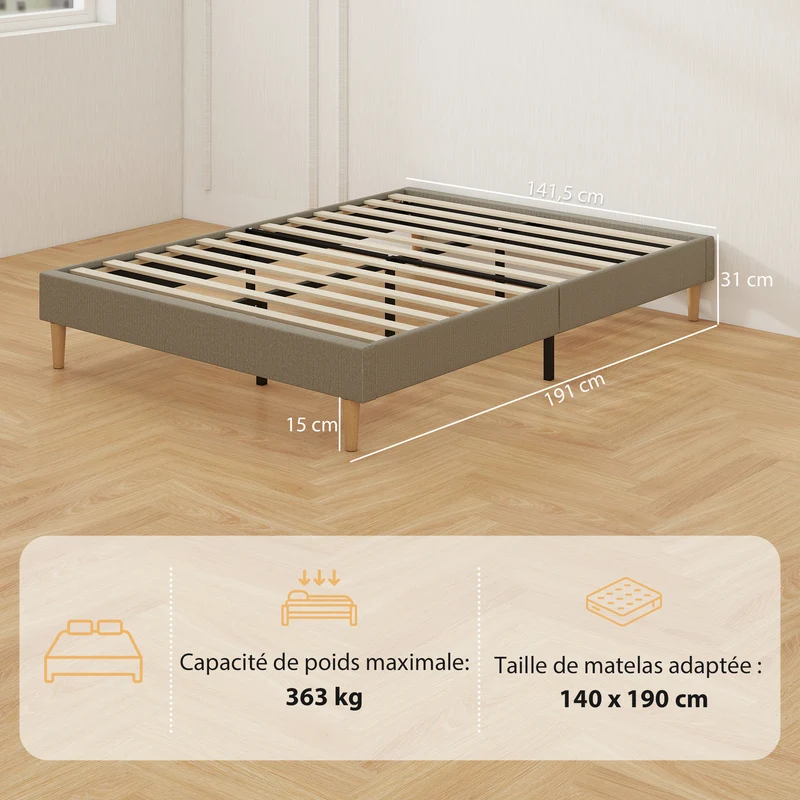 Cadre de lit double 140 x 190 cm sommier à lattes silencieux dégagement 15 cm pour robot scandinave en velours gris 21_0003768
