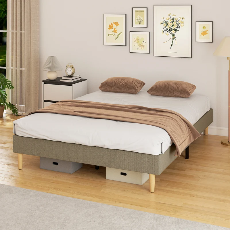 Cadre de lit double 140 x 190 cm sommier à lattes silencieux dégagement 15 cm pour robot scandinave en velours gris 21_0003768