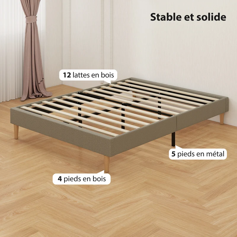 Cadre de lit double 140 x 190 cm sommier à lattes silencieux dégagement 15 cm pour robot scandinave en velours gris 21_0003768