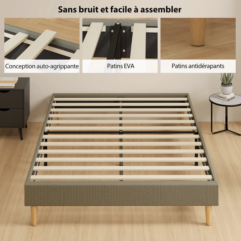 Cadre de lit double 140 x 190 cm sommier à lattes silencieux dégagement 15 cm pour robot scandinave en velours gris 21_0003768