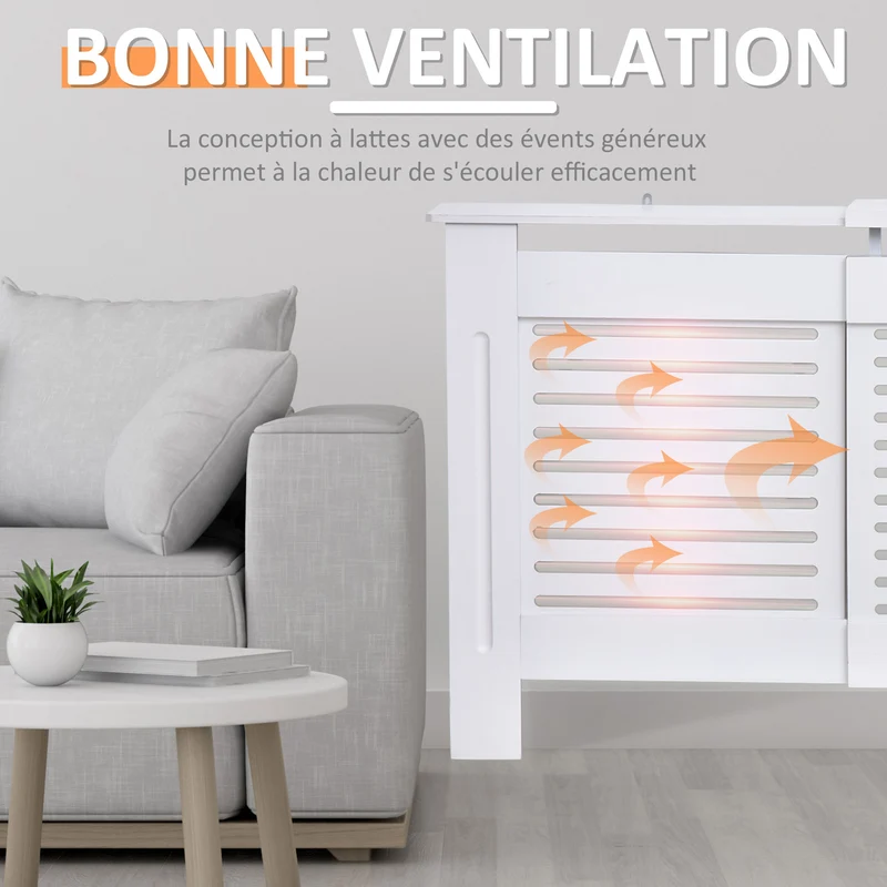 Cache-radiateur extensible en lattes 139-208.5 x 20.5 x 82.5 cm étagère anti-basculement contemporain salon en MDF blanc 21_0001100