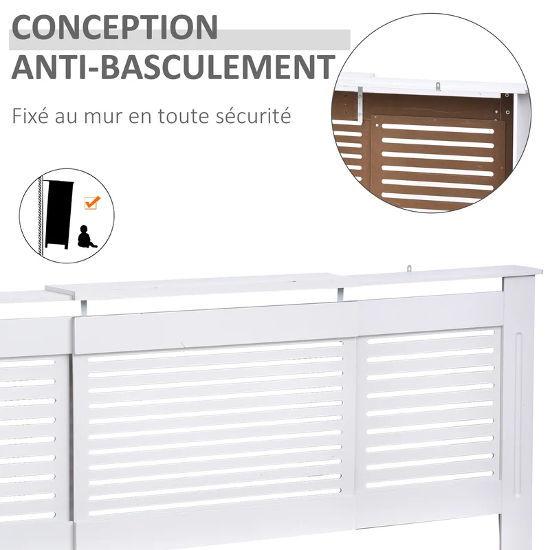Cache-radiateur extensible en lattes 139-208.5 x 20.5 x 82.5 cm étagère anti-basculement contemporain salon en MDF blanc 21_0001100