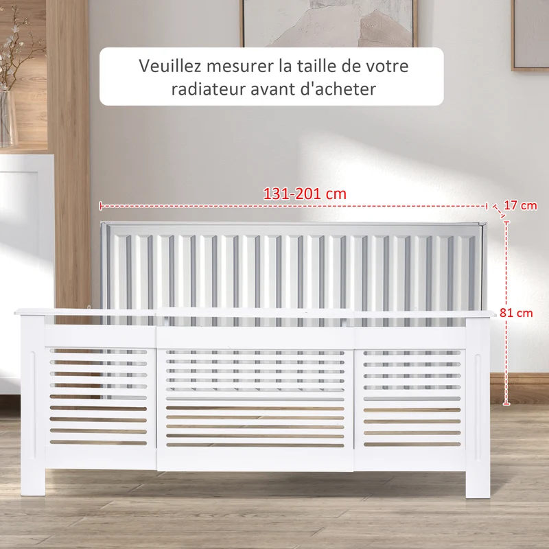 Cache-radiateur extensible en lattes 139-208.5 x 20.5 x 82.5 cm étagère anti-basculement contemporain salon en MDF blanc 21_0001100