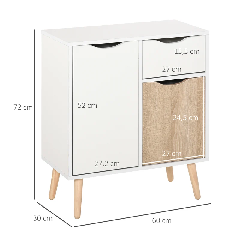 Buffet rangement salon 60 x 30 x 72 cm 2 placards un tiroir coulissant pieds effilés scandinave épuré en bois blanc 21_0002619