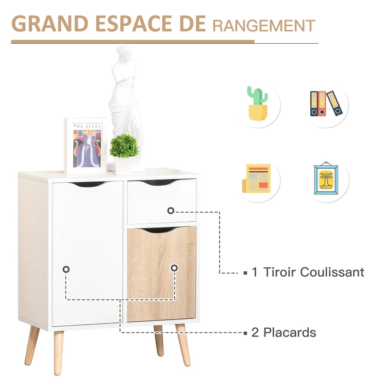 Buffet rangement salon 60 x 30 x 72 cm 2 placards un tiroir coulissant pieds effilés scandinave épuré en bois blanc 21_0002619