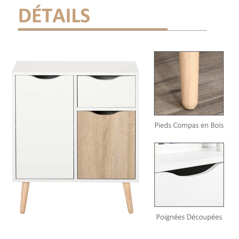 Buffet rangement salon 60 x 30 x 72 cm 2 placards un tiroir coulissant pieds effilés scandinave épuré en bois blanc 21_0002619