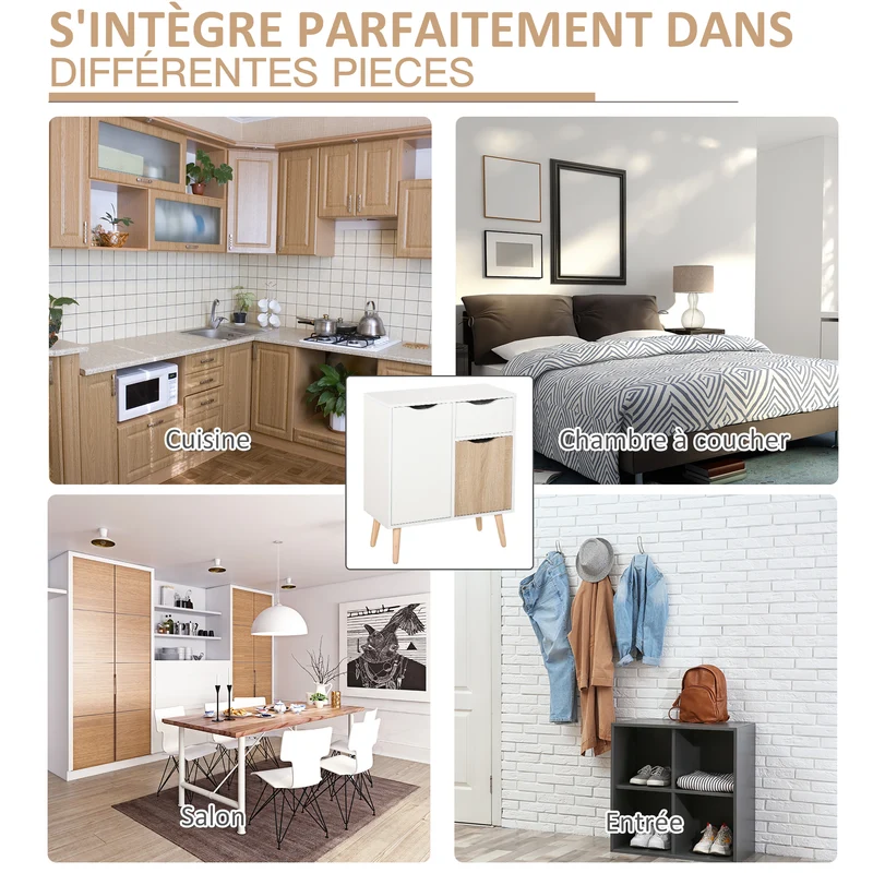 Buffet rangement salon 60 x 30 x 72 cm 2 placards un tiroir coulissant pieds effilés scandinave épuré en bois blanc 21_0002619