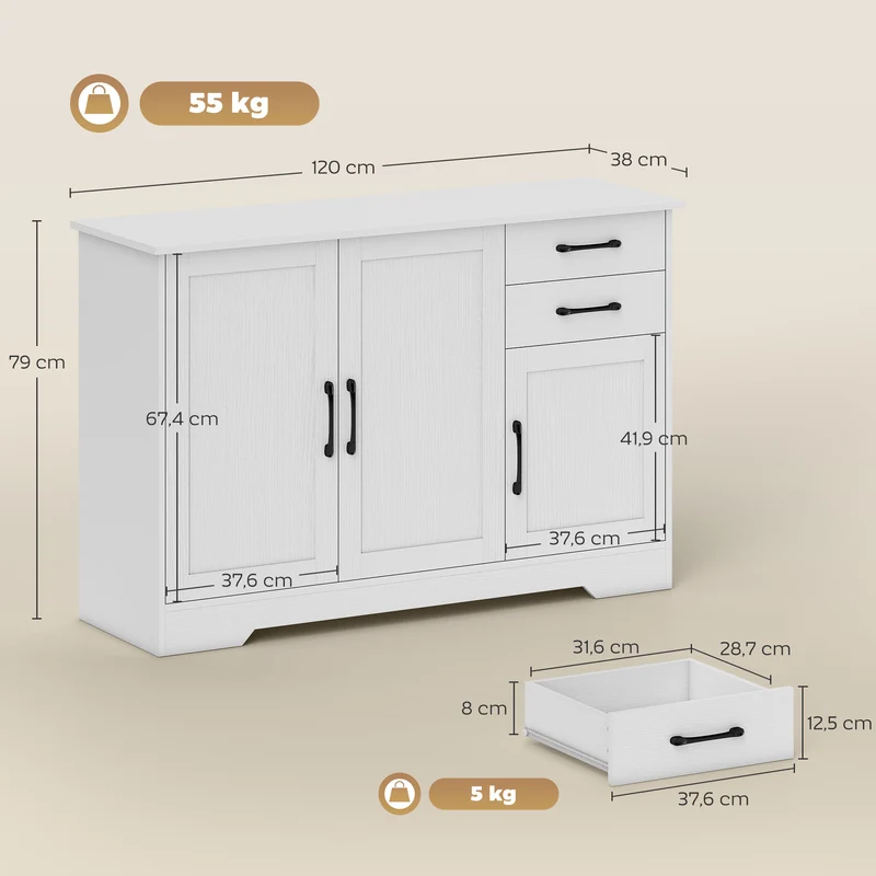 Buffet meuble de rangement 120 x 38 x 79 cm étagères réglables ajustables fermeture douce style moderne épuré en MDF blanc 21_0002984