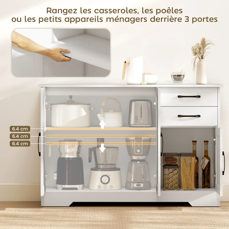 Buffet meuble de rangement 120 x 38 x 79 cm étagères réglables ajustables fermeture douce style moderne épuré en MDF blanc 21_0002984